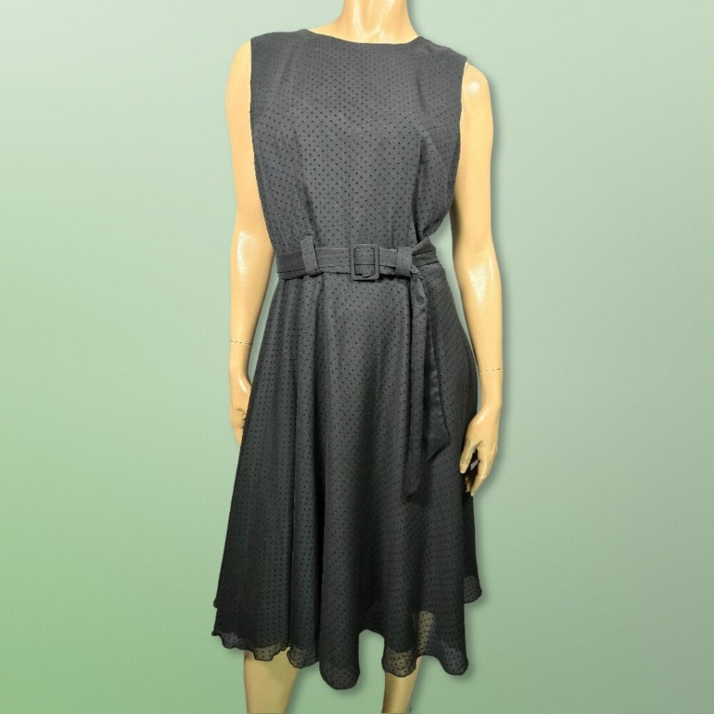 Vintage 90s Black Swiss Dot Belted Swing Dress Size M Sleeveless Chiffon Midi